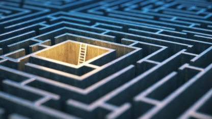 An illuminated ladder in the center of a darkened maze.