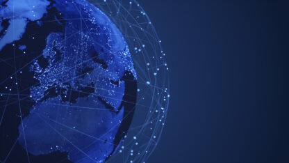 Image of globe with satellite networks in orbit.