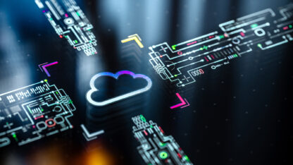 Circuit board traces converging on a cloud icon.