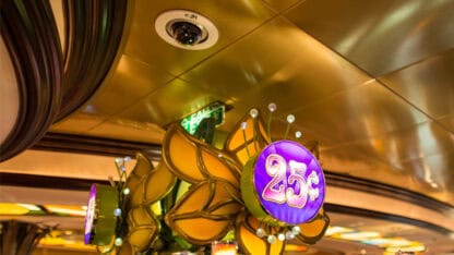 Top interior view of a casino, where a security camera helps to monitor for risks