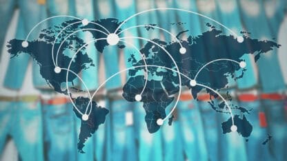 Map with global points in different countries, supply chains impacted by tariffs